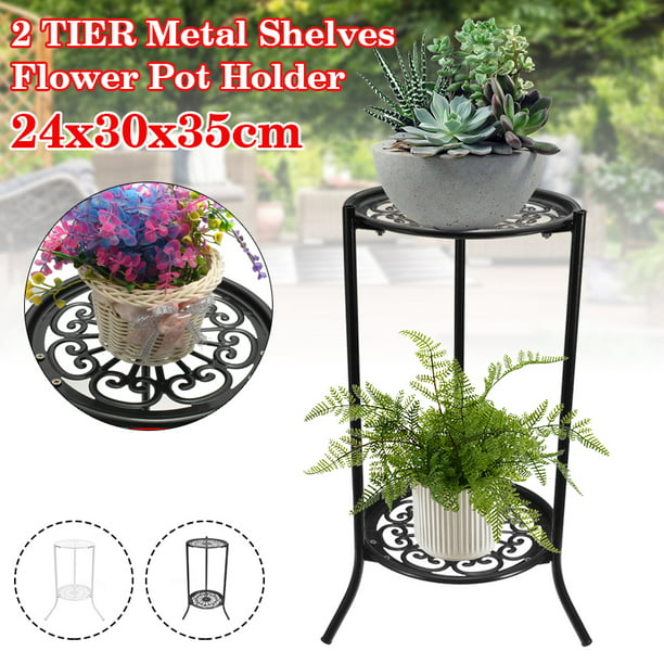 2 Tier Plant Stand Metal Pot Rack Garden Shelf In/Outdoor Display Iron Decor